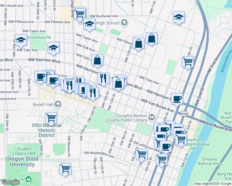 map of restaurants, bars, coffee shops, grocery stores, and more near 1207 Northwest Jackson Avenue in Corvallis