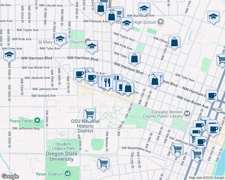 map of restaurants, bars, coffee shops, grocery stores, and more near 1655 Northwest Monroe Avenue in Corvallis