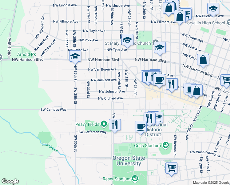 map of restaurants, bars, coffee shops, grocery stores, and more near 2911 Northwest Orchard Avenue in Corvallis
