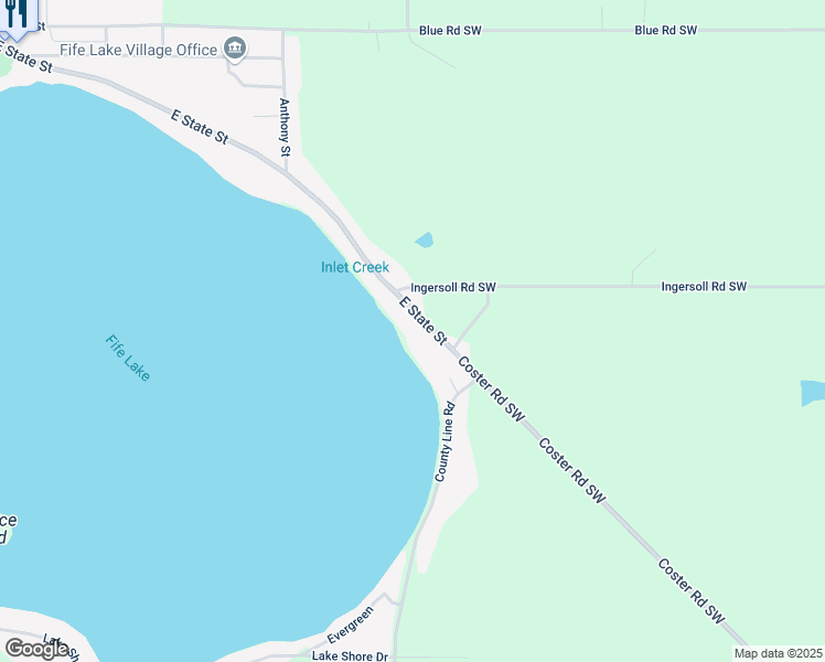 map of restaurants, bars, coffee shops, grocery stores, and more near 11728 East State Street in Fife Lake