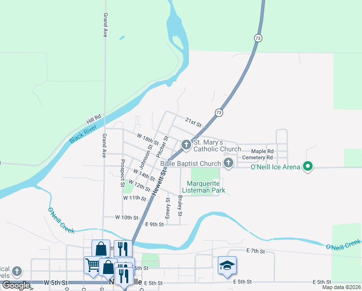 map of restaurants, bars, coffee shops, grocery stores, and more near 1813 Black River Road in Neillsville