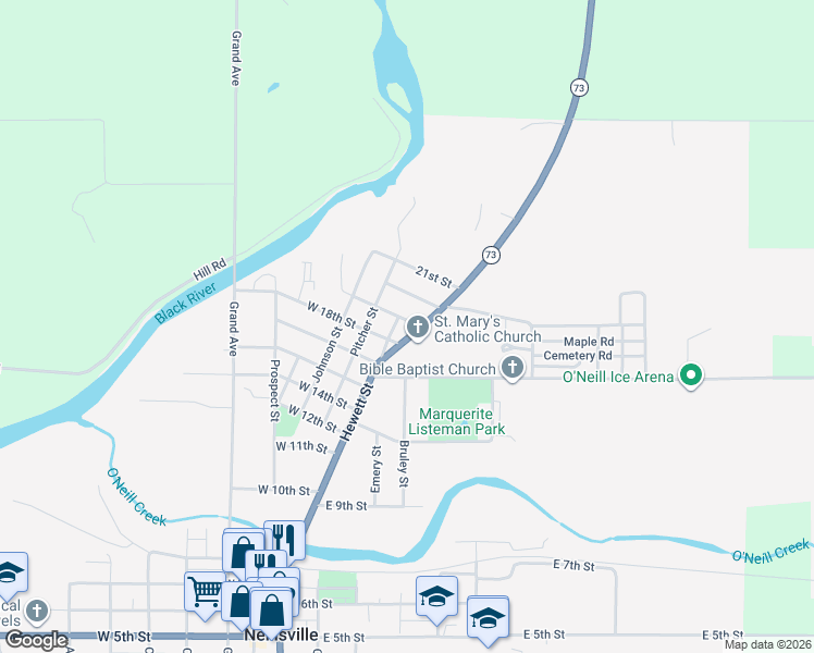 map of restaurants, bars, coffee shops, grocery stores, and more near 1813 Black River Road in Neillsville