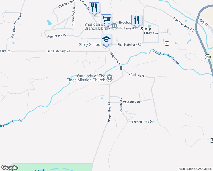 map of restaurants, bars, coffee shops, grocery stores, and more near 44 Wagon Box Road in Story