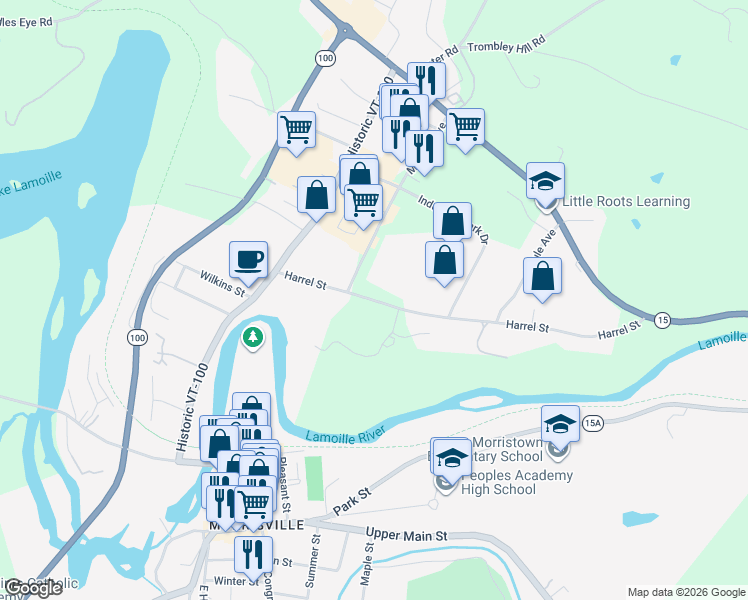 map of restaurants, bars, coffee shops, grocery stores, and more near 160 Harrel Street in Morristown