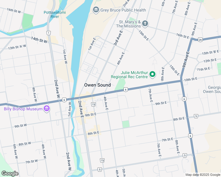 map of restaurants, bars, coffee shops, grocery stores, and more near 1049 4th Avenue East in Owen Sound