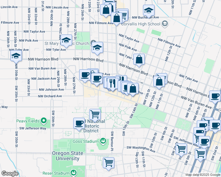 map of restaurants, bars, coffee shops, grocery stores, and more near 121 Northwest 21st Street in Corvallis