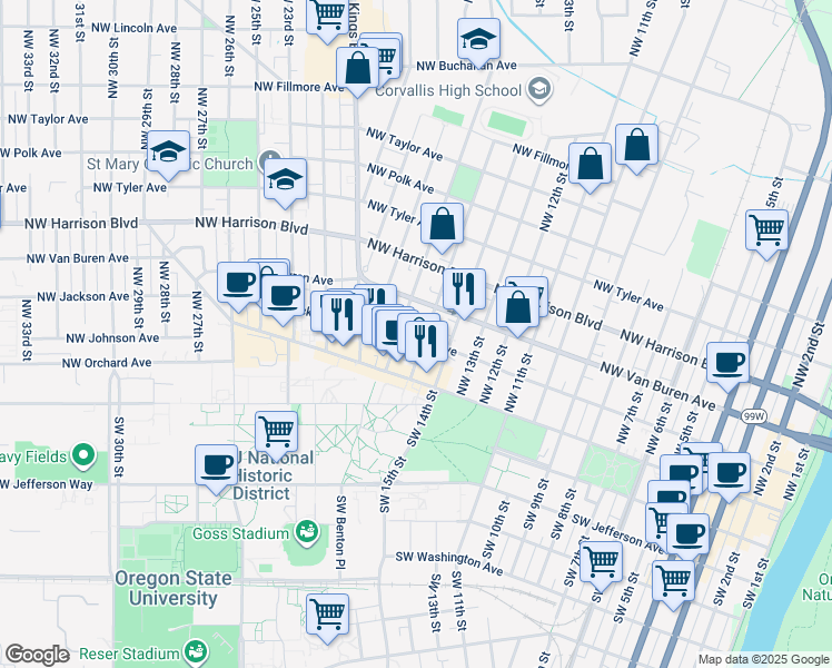 map of restaurants, bars, coffee shops, grocery stores, and more near 114 Northwest 15th Street in Corvallis