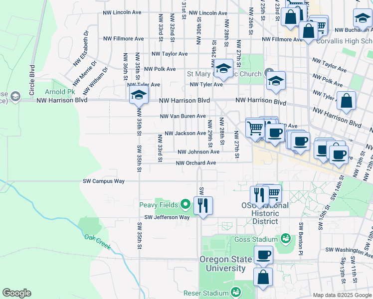 map of restaurants, bars, coffee shops, grocery stores, and more near 3045 Northwest Johnson Avenue in Corvallis