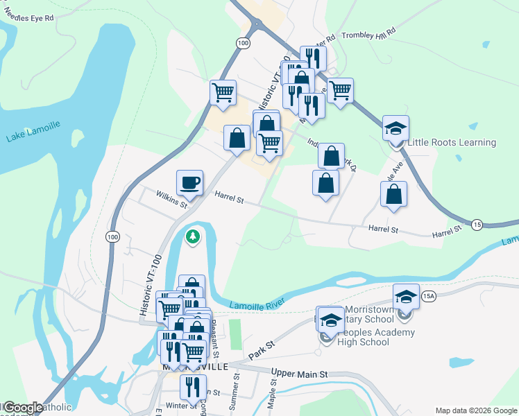 map of restaurants, bars, coffee shops, grocery stores, and more near 160 Harrel Street in Morristown