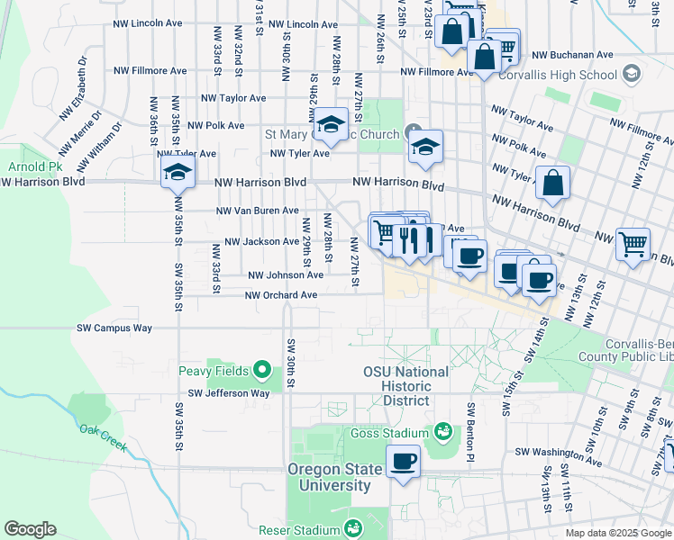 map of restaurants, bars, coffee shops, grocery stores, and more near 2712 Northwest Jackson Avenue in Corvallis