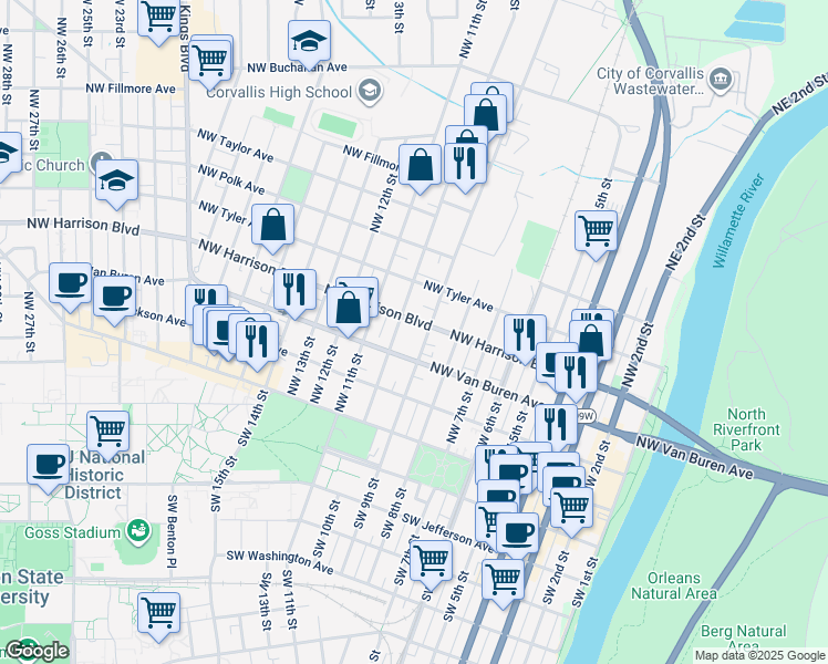 map of restaurants, bars, coffee shops, grocery stores, and more near 330 Northwest 9th Street in Corvallis