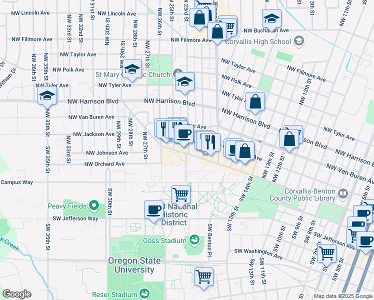 map of restaurants, bars, coffee shops, grocery stores, and more near 2305 Northwest Monroe Avenue in Corvallis