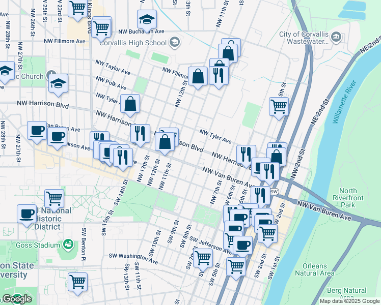 map of restaurants, bars, coffee shops, grocery stores, and more near 412 Northwest 10th Street in Corvallis