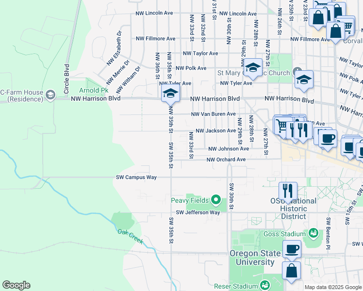 map of restaurants, bars, coffee shops, grocery stores, and more near 141 Northwest 35th Street in Corvallis