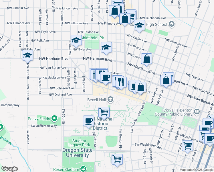 map of restaurants, bars, coffee shops, grocery stores, and more near 2305 Northwest Monroe Avenue in Corvallis