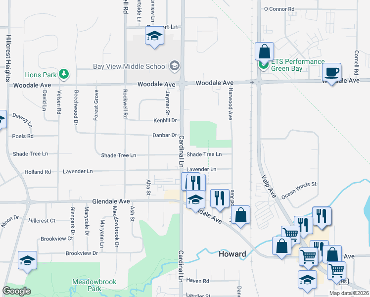 map of restaurants, bars, coffee shops, grocery stores, and more near 1006 Cardinal Lane in Green Bay
