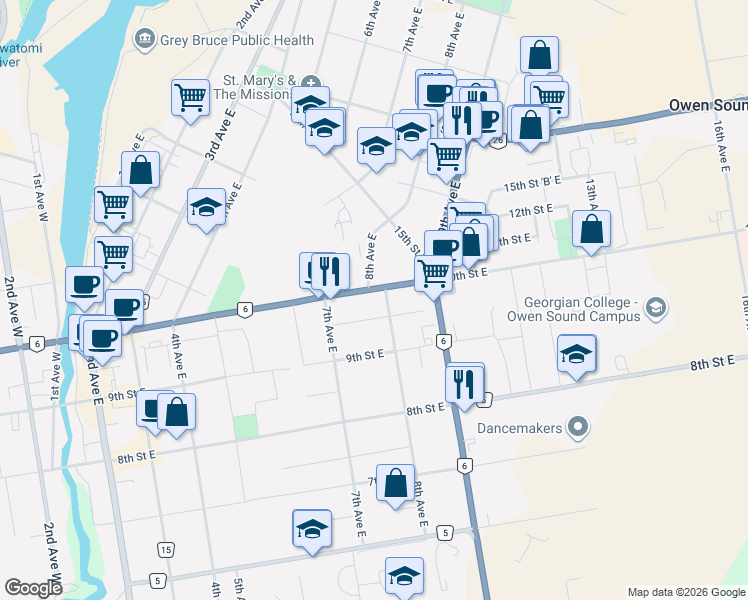 map of restaurants, bars, coffee shops, grocery stores, and more near 858 8th Avenue East in Owen Sound
