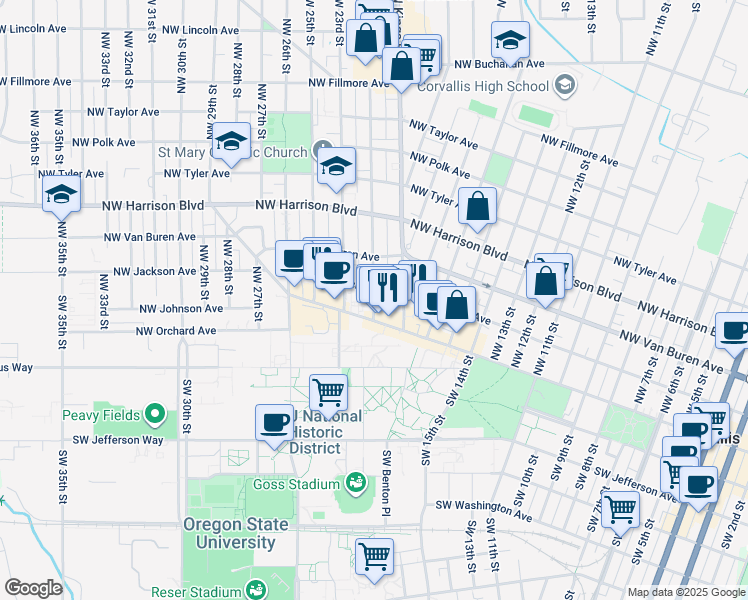 map of restaurants, bars, coffee shops, grocery stores, and more near 145 Northwest 21st Street in Corvallis
