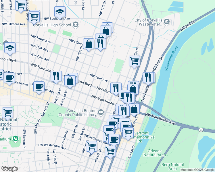 map of restaurants, bars, coffee shops, grocery stores, and more near 445 Northwest 8th Street in Corvallis