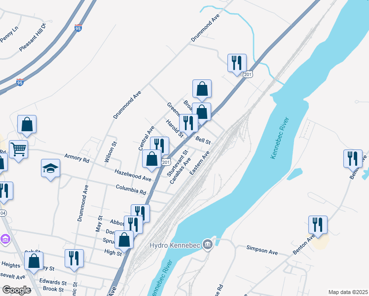 map of restaurants, bars, coffee shops, grocery stores, and more near 160 College Avenue in Waterville