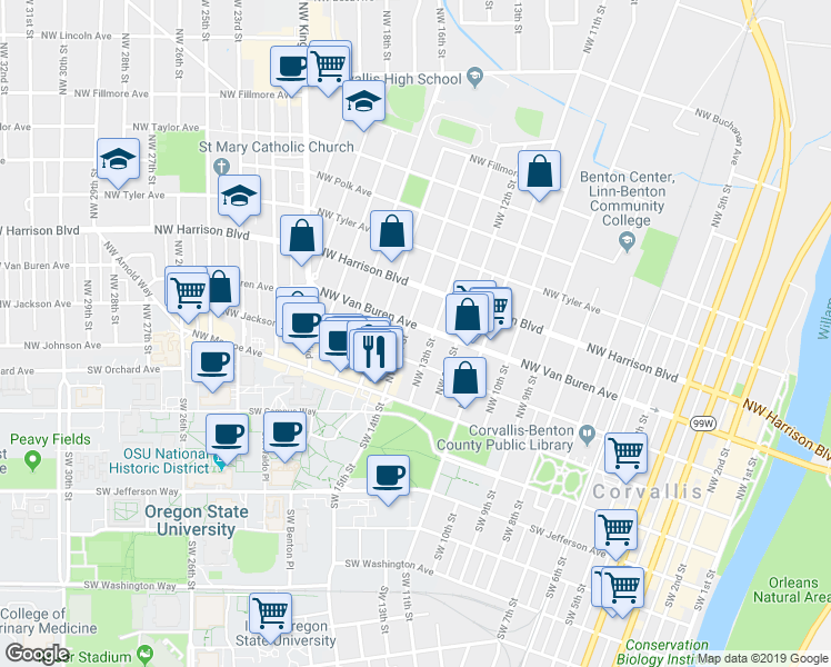 map of restaurants, bars, coffee shops, grocery stores, and more near 1360 Northwest Van Buren Avenue in Corvallis