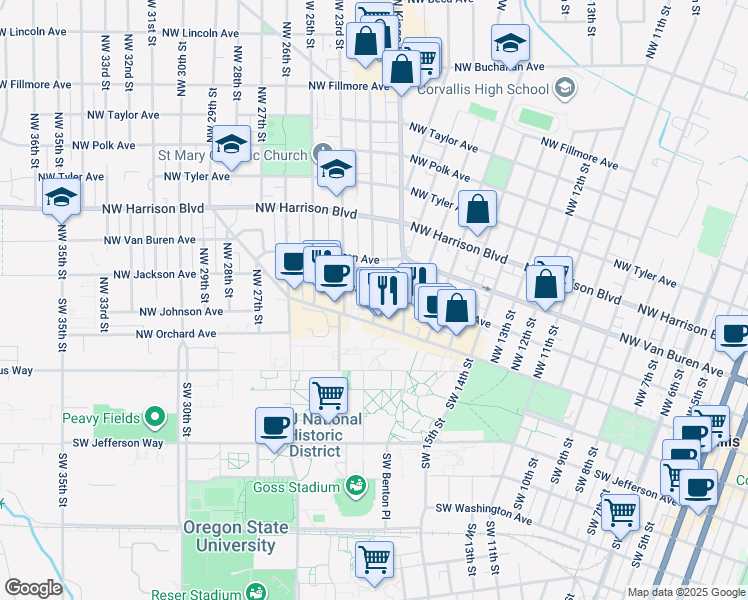 map of restaurants, bars, coffee shops, grocery stores, and more near 145 Northwest 21st Street in Corvallis