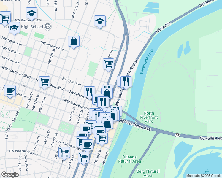 map of restaurants, bars, coffee shops, grocery stores, and more near 544 Northwest 4th Street in Corvallis