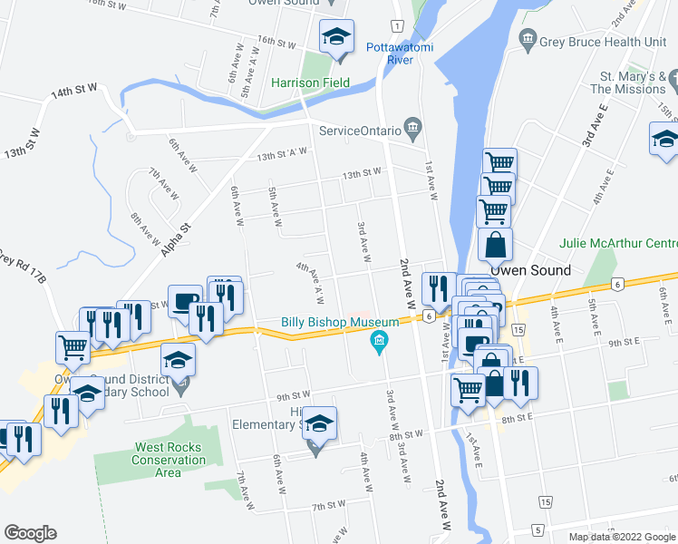 map of restaurants, bars, coffee shops, grocery stores, and more near 400 11th Street West in Owen Sound
