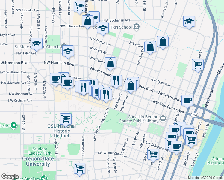 map of restaurants, bars, coffee shops, grocery stores, and more near 300 Northwest 14th Street in Corvallis