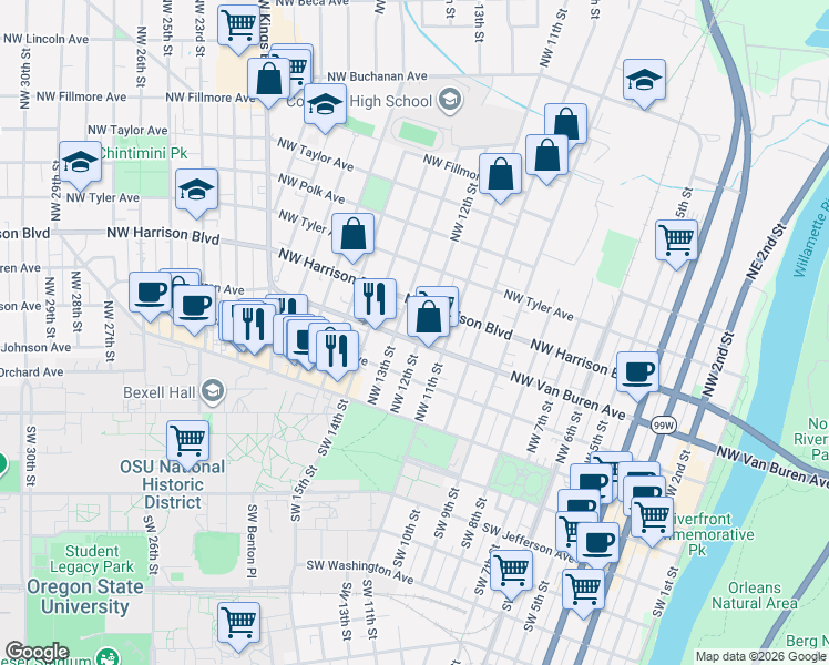 map of restaurants, bars, coffee shops, grocery stores, and more near 327 Northwest 13th Street in Corvallis
