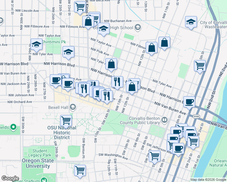 map of restaurants, bars, coffee shops, grocery stores, and more near 300 Northwest 14th Street in Corvallis
