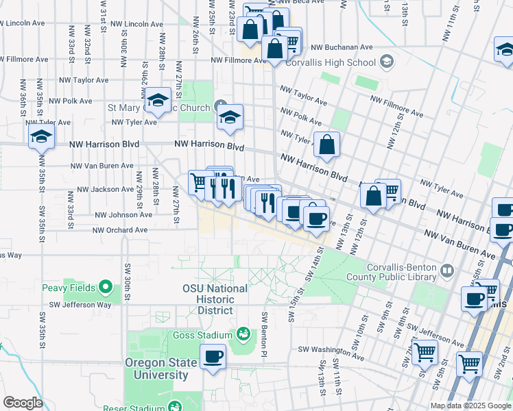 map of restaurants, bars, coffee shops, grocery stores, and more near 213 Northwest 21st Street in Corvallis