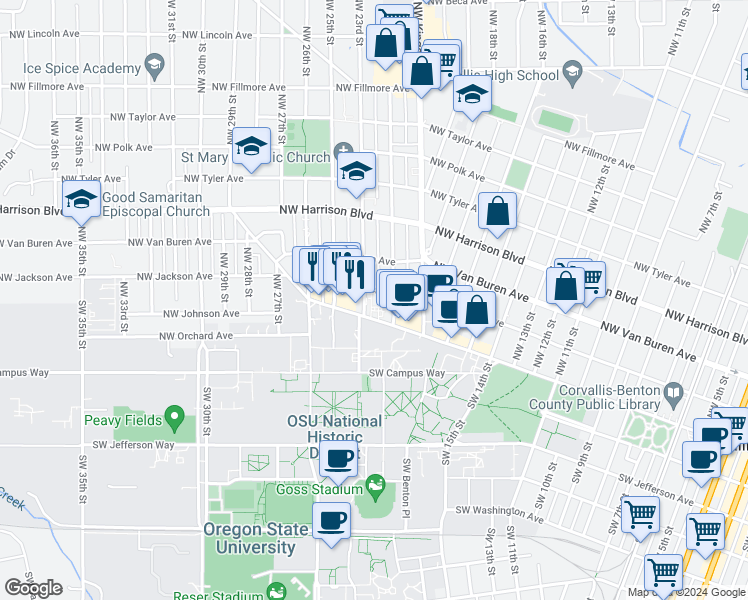 map of restaurants, bars, coffee shops, grocery stores, and more near 2305 Northwest Monroe Avenue in Corvallis