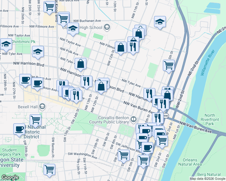map of restaurants, bars, coffee shops, grocery stores, and more near 336 Northwest 10th Street in Corvallis