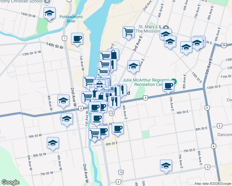 map of restaurants, bars, coffee shops, grocery stores, and more near 1100 3rd Avenue East in Owen Sound