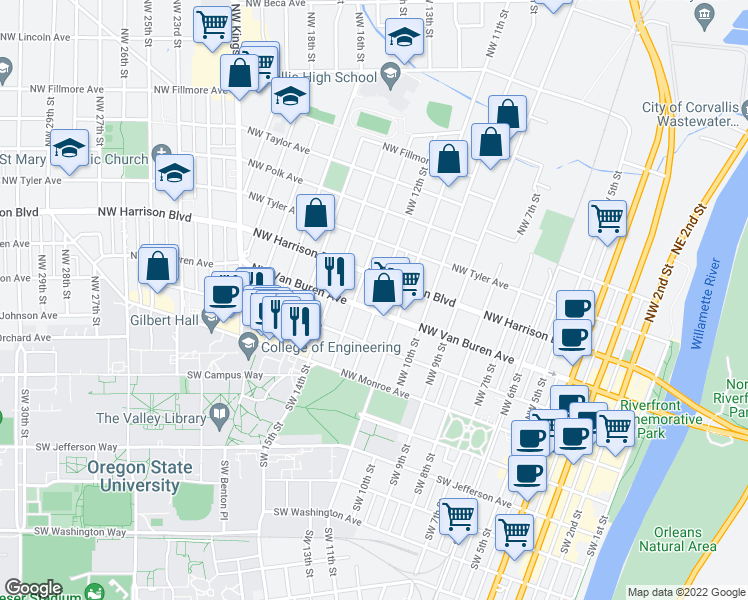 map of restaurants, bars, coffee shops, grocery stores, and more near 312 Northwest 12th Street in Corvallis
