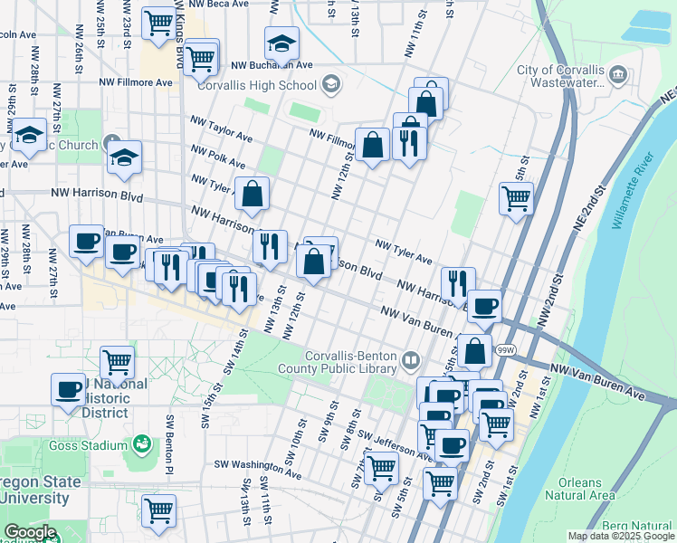 map of restaurants, bars, coffee shops, grocery stores, and more near 1114 Northwest Harrison Boulevard in Corvallis