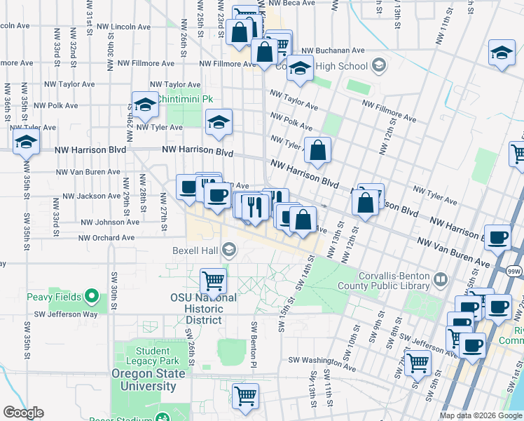 map of restaurants, bars, coffee shops, grocery stores, and more near 213 Northwest 21st Street in Corvallis