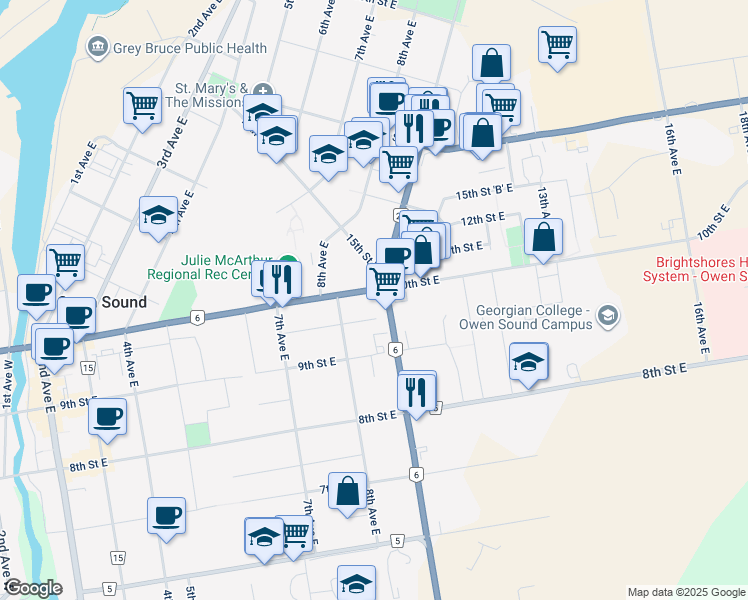map of restaurants, bars, coffee shops, grocery stores, and more near 900 10th Street East in Owen Sound