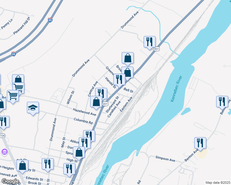 map of restaurants, bars, coffee shops, grocery stores, and more near 1 Collins Street in Waterville