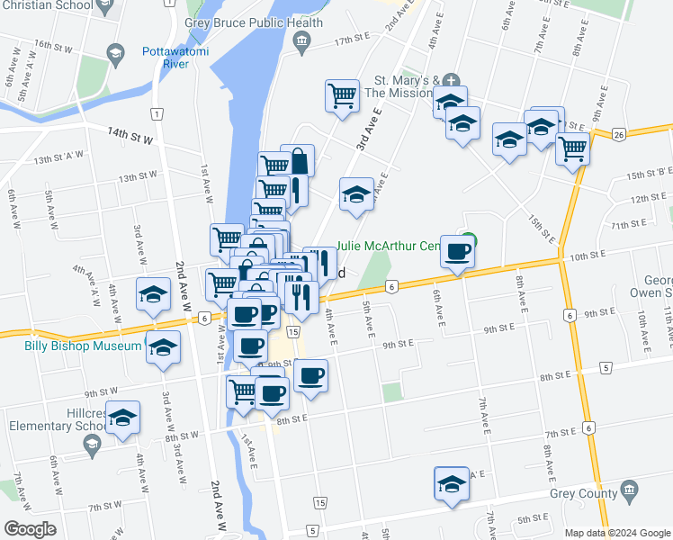map of restaurants, bars, coffee shops, grocery stores, and more near 1096 4th Avenue East in Owen Sound