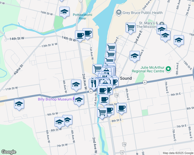 map of restaurants, bars, coffee shops, grocery stores, and more near in Owen Sound