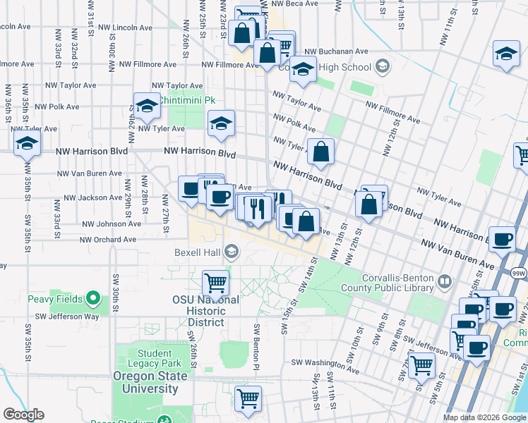 map of restaurants, bars, coffee shops, grocery stores, and more near 213 Northwest 21st Street in Corvallis