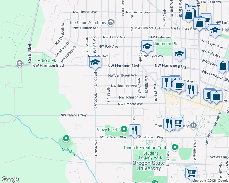 map of restaurants, bars, coffee shops, grocery stores, and more near 3120 Northwest Jackson Avenue in Corvallis