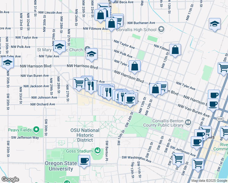 map of restaurants, bars, coffee shops, grocery stores, and more near 1745 Northwest Jackson Avenue in Corvallis