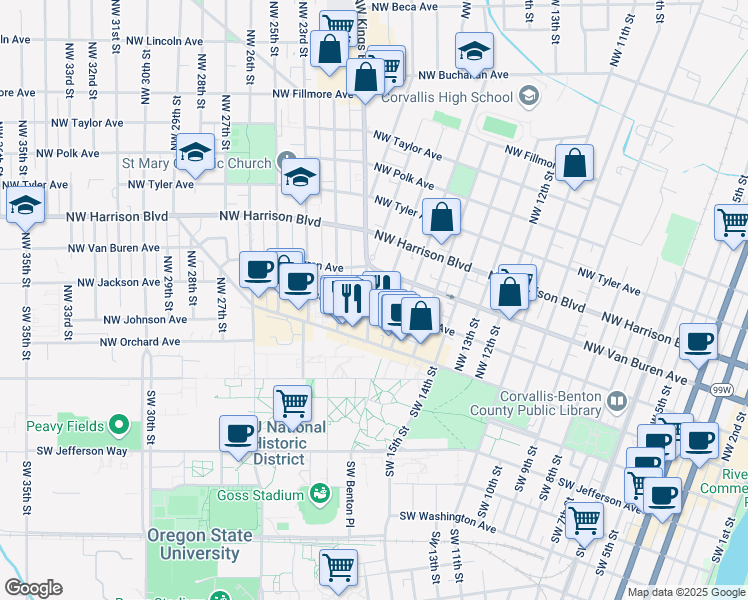 map of restaurants, bars, coffee shops, grocery stores, and more near 222 Northwest 17th Street in Corvallis