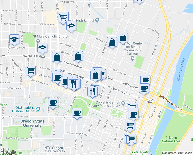 map of restaurants, bars, coffee shops, grocery stores, and more near 1114 Northwest Harrison Boulevard in Corvallis