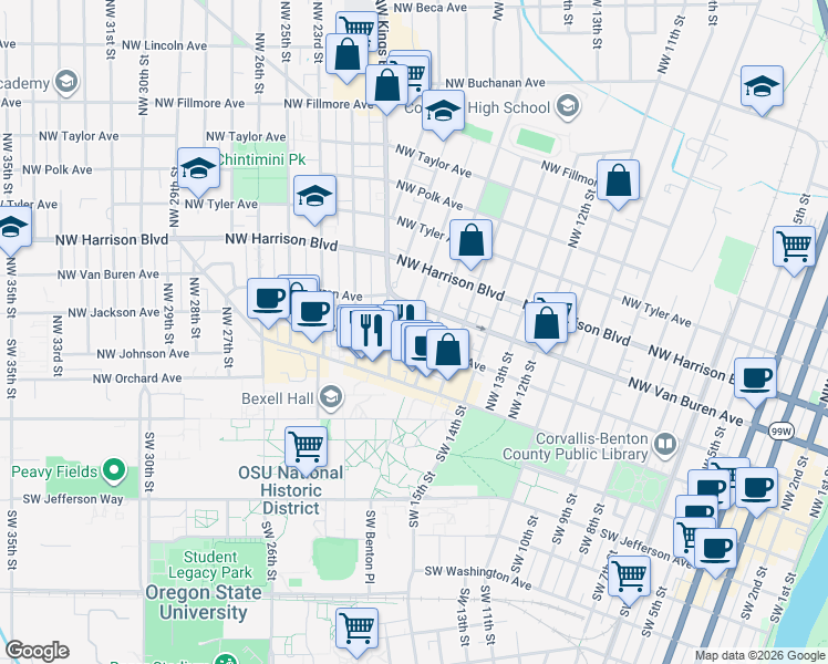 map of restaurants, bars, coffee shops, grocery stores, and more near 222 Northwest 17th Street in Corvallis
