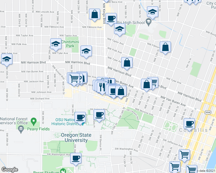 map of restaurants, bars, coffee shops, grocery stores, and more near 222 Northwest 17th Street in Corvallis