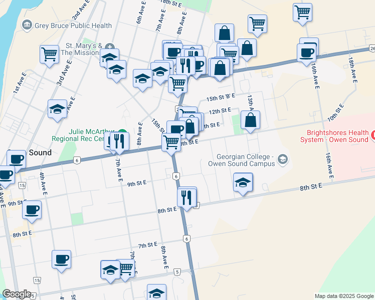 map of restaurants, bars, coffee shops, grocery stores, and more near 963 10th Street East in Owen Sound